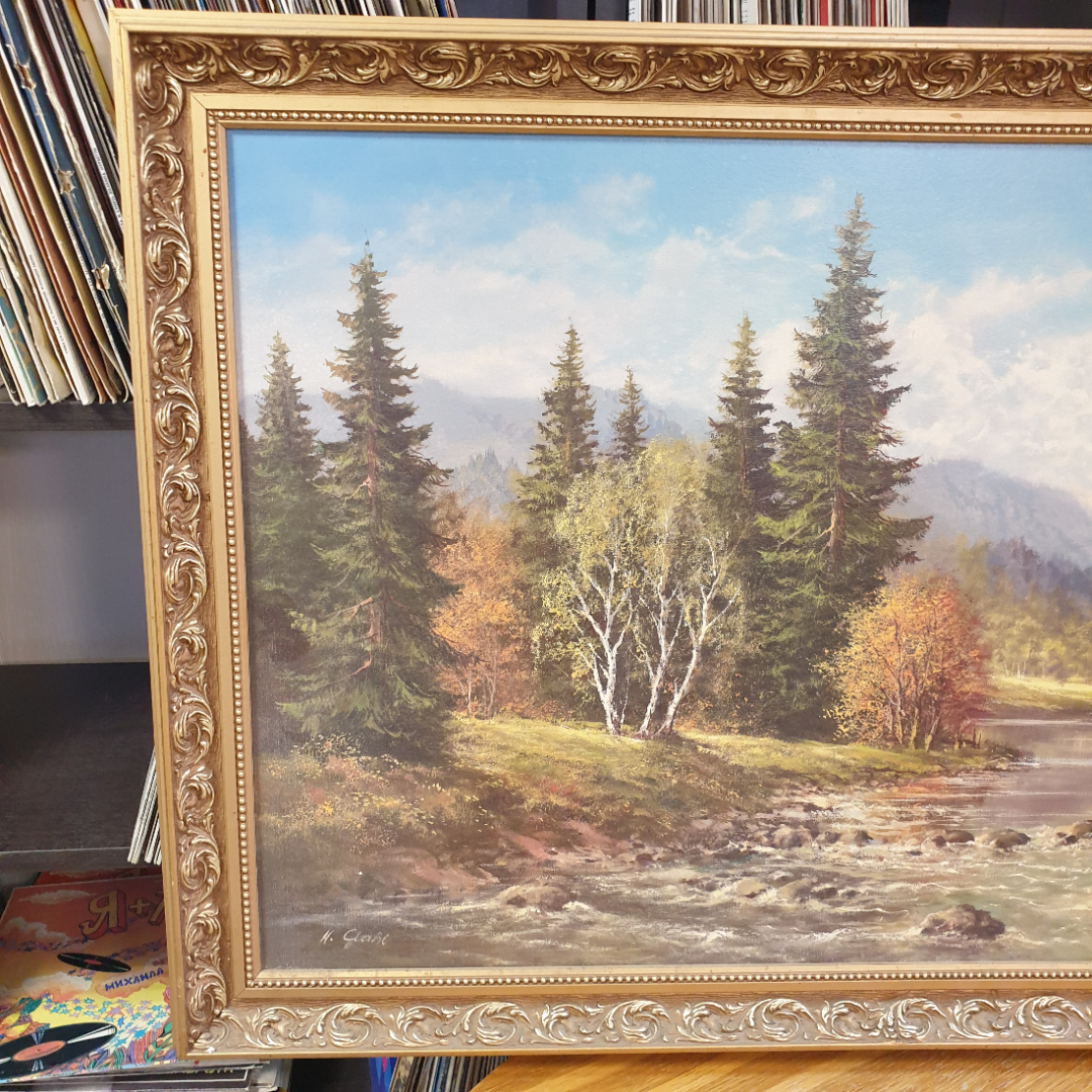Картина "Осенняя река", размер полотна 100 х 59 см. Репринт на фанере.. Картинка 2